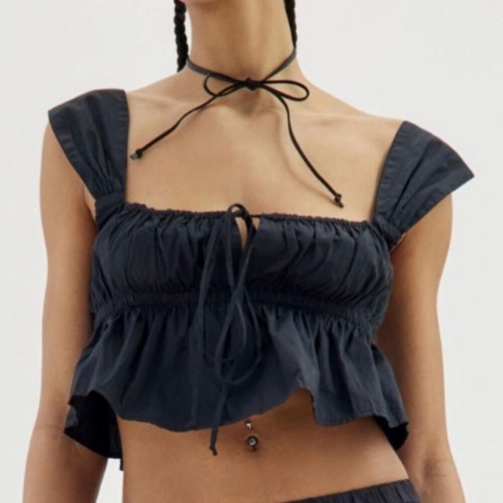 Urban Outfitters Sofia Peplum Top M Medium Crop Black Victorian Romance Y2K